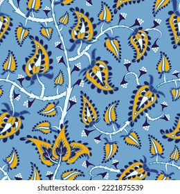 Seamless floral vector pattern with clusters of indian festival flower inflorescences on blue background. Modern art nouveau branches tiles with oriental motif