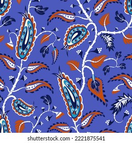 Seamless floral vector pattern with clusters of indian festival flower inflorescences on blue background. Modern art nouveau branches tiles with oriental motif