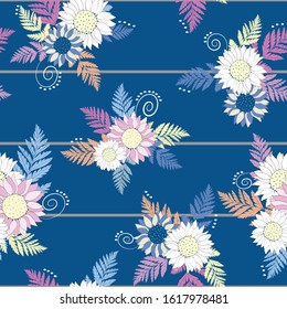 Seamless Floral Vector Pattern with colorful sunflowers, leaves and spirals for decoration, textile, print, fabric