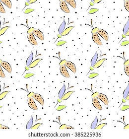 Seamless floral vector pattern. Colorful ornamental background with ladybugs and flowers. Decorative repeating ornament, Series of Floral and Decorative Seamless Pattern.