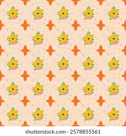 Seamless Floral Vector Pattern. Cottage Cork Floral Pattern on Earth Tone Background. Delicate Summer Bohemian Pattern