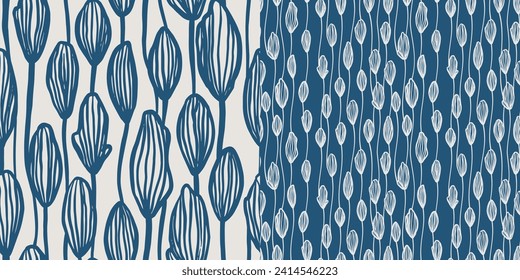 Seamless floral vector pattern dainty double ink set, inflorescence, branches, wave, natural, trendy handmade drawing for fabric design, decor, flowers, texture print on light and dark backgrounds