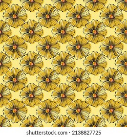 Patrón vectorial floral sin soldadura con mareas sobre fondo amarillo en técnica plana 