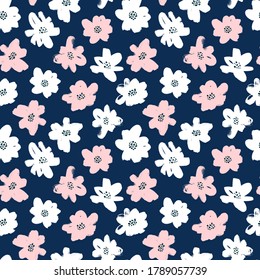 Seamless floral vector pattern with daisy or chamomile. Hand drawn blue and pink paint illustration with abstract floral motif. Artistic colorful print for fabric, wrapping paper, wallpaper design