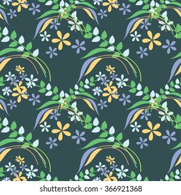 Seamless floral vector pattern. Decorative background with flowers and leaves on the blue backdrop 