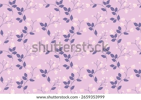 Seamless floral vector pattern with delicate flowers and leaves on a soft, purple, violet background. Elegant and vintage inspired, perfect for textiles, wallpapers, packaging, fashion, wedding decor 