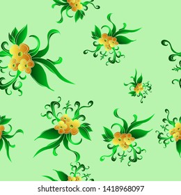 Seamless floral vector pattern design flowers and leaves on green background