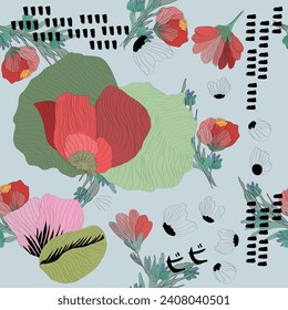Seamless floral vector pattern design. Cute flowers, colorful style, texitle, fabric, retro, rustic scarf design. Scandinavian design. Japanese floral hand drawn. 