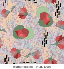 Seamless floral vector pattern design. Cute flowers, colorful style, texitle, fabric, retro, rustic scarf design. Scandinavian design. Japanese floral hand drawn. 