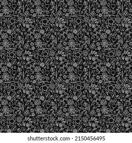 Seamless floral vector pattern. Doodle vector with floral pattern on black background. Vintage floral pattern