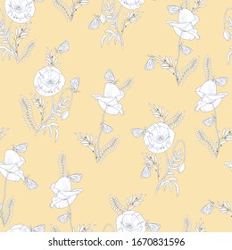 Seamless Floral Vector Pattern with elegant poppies and butterflies for decoration, print, textile, fabric, stationery