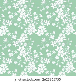 Seamless floral vector pattern with elegant soft flowers on a pastel mint, green background. Vintage style botanical design, nature ornament for textiles, wallpapers, fashion, luxury packaging