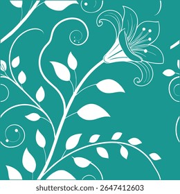 Padrão de vetor floral sem costura com flores brancas elegantes e folhas em um fundo azul-petróleo. Ideal para papéis de parede, têxteis e impressões decorativas. Design botânico gracioso para uso moderno.