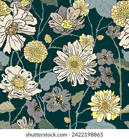 Seamless floral vector pattern fashion drawing, hand drawn picture for fabric design, decor, ceramics, greeting cards, flowers, texture print on dark backgrounds