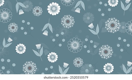 Seamless floral vector pattern featuring delicate white and blue flowers on a soft blue background. Ideal for textile designs, wallpaper, and home decor projects.