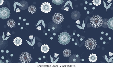 A seamless floral vector pattern featuring elegant, minimalistic flowers and leaves on a deep blue background. Ideal for textile designs, wallpapers, and wrapping paper.