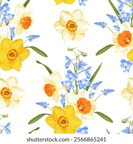 A seamless floral vector pattern featuring yellow and white daffodils paired with delicate blue delphinium blooms.