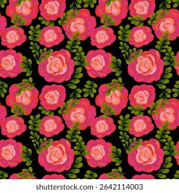 Seamless floral vector pattern featuring hand painted red roses with green leaves on a deep black background. Elegant watercolor style is perfect for textiles, wallpapers, stationery, and packaging.