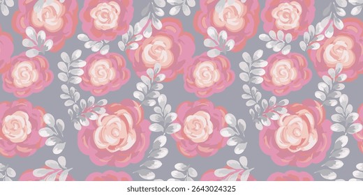 Seamless floral vector pattern featuring hand painted soft pink roses with light leaves on a muted background. Pastel ornament for textiles, wallpapers, packaging, stationery, spring or summer designs