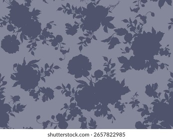 Nahtloses florales Vektormuster mit zarten blauen Blüten und weichen Blättern, anmutig angeordnet auf einer reichen Mitternachtsblauen Basis, perfekt für elegante Textilien und Dekor.