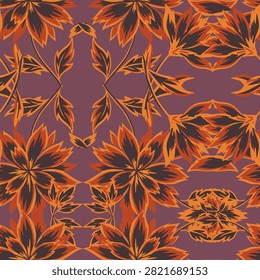 Seamless floral vector pattern featuring stylized orange flowers and foliage on a dark mauve background for textiles and wallpaper.