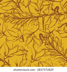 Seamless floral vector pattern featuring hand-drawn Spanish gorse (Genista Hispanica) blooms, branches, and thorns in warm mustard yellow and brown.