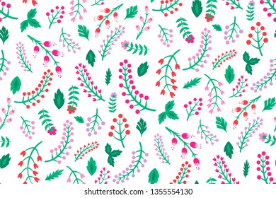 Seamless floral vector pattern. Fields of flowers background. Trendy stylish pattern for fabric and textile. Summer and spring inspiration wallpaper. Chaotic plant elements.