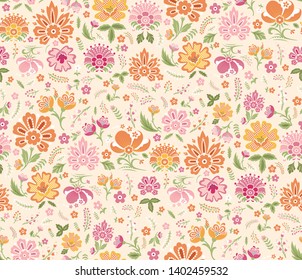 Seamless floral vector pattern. Fields of flowers background. Trendy stylish pattern for fabric and textile. Summer and spring inspiration wallpaper. Chaotic plant elements.