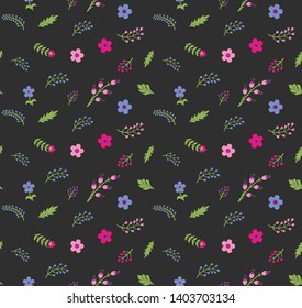 Seamless floral vector pattern. Fields of flowers background. Trendy stylish pattern for fabric and textile. Summer and spring inspiration wallpaper. Chaotic plant elements.
