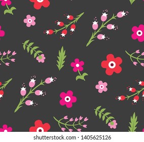 Seamless floral vector pattern. Fields of flowers background. Trendy stylish pattern for fabric and textile. Summer and spring inspiration wallpaper. Chaotic plant green elements.