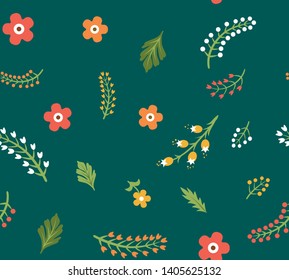 Seamless floral vector pattern. Fields of flowers background. Trendy stylish pattern for fabric and textile. Summer and spring inspiration wallpaper. Chaotic plant green elements.