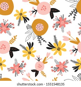 Seamless floral vector pattern with flat stylized Scandinavian flowers in pink gold yellow orange on a white background. Decorative retro print for kids fabric, surface decor, wallpaper, packaging