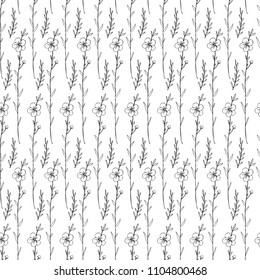 Seamless floral vector pattern, Flax plant wild field flower isolated on white background, hand drawn sketch illustration, line art texture for design package cosmetic, natural medicine, greeting card