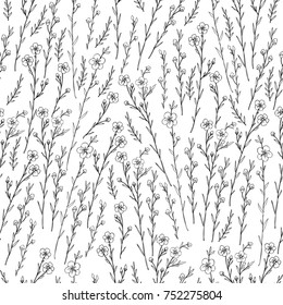 Seamless floral vector pattern, Flax plant wild field flower isolated on white background, hand drawn sketch illustration, line art texture for design package cosmetic, natural medicine, greeting card