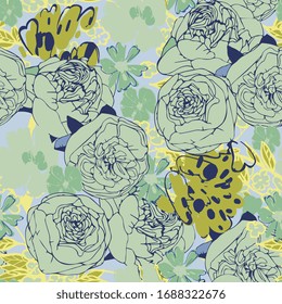 Seamless floral vector pattern with flowers of light blue, sage green roses, peonies and daisies. Summer bouquet of blooming inflorescences and herbs. Design for fabric and wallpaper.