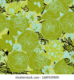 Seamless floral vector pattern with flowers of chartreuse green color roses, peonies and daisies. Summer bouquet of blooming inflorescences and herbs. Design for fabric and wallpaper.