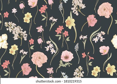 Seamless  floral vector pattern with flowers . Flower background. Field of flowers.