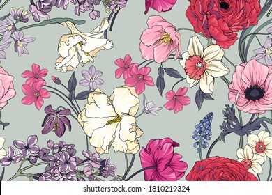 Seamless  floral vector pattern with flowers . Flower background. Field of flowers.