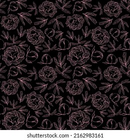 Patrón vectorial floral sin soldadura con flores y brotes de peonías sobre un fondo negro en la técnica del doodle 