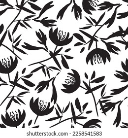 Seamless floral vector pattern of flowers, leaves. Hand drawn black paint illustration with abstract floral motif. Modern design for paper, cover, fabric, interior decoration, etc.