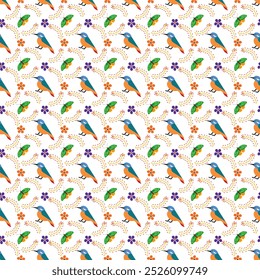 Seamless floral vector pattern with flowers, birds and butterflies.
