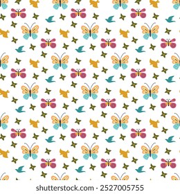 Seamless floral vector pattern with flowers, birds and butterflies.