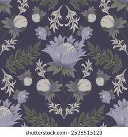 Seamless floral vector pattern with flowers buds and leaves. Illustration of a floral composition in William Morris style for greeting cards and textile.