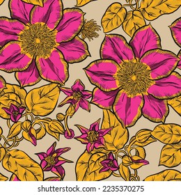 Nahtlose, florale Vektormuster mit Folkloreblumen in rosa und gelben Farben auf neutralem Hintergrund.