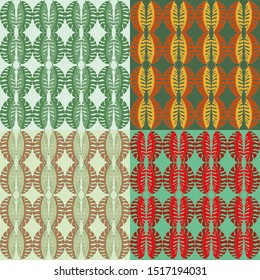 Seamless floral vector pattern in four different color variants with hand-drawn leaflets