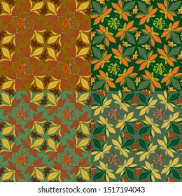 Seamless floral vector pattern in four different color variants with hand-drawn leaflets