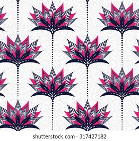 Seamless floral vector pattern in fuchsia and navy symbolizing brightness and simplicity on slightly tangled grey background. Easy-to-edit, without gradient. 