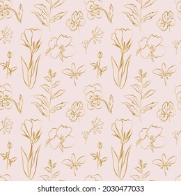 Seamless floral vector pattern with gold line on soft pink hand drawn background.Botanical repeating ornament in doodle style.Design for wrapping paper,packaging,textiles,fabric,web,social media.