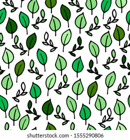 Seamless floral vector pattern. Green Leaves and Twigs Isolated on White Background. Tropical ornament for wallpaper, textile, wrapping paper, posters, cards. Hand-drawn color eco stock illustration
