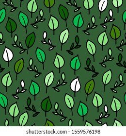 Seamless floral vector pattern. Green Leaves and branches Isolated on green Background. Tropical ornament for wallpaper, textile, wrapping paper, posters, cards. Tropical Hand-drawn eco illustration